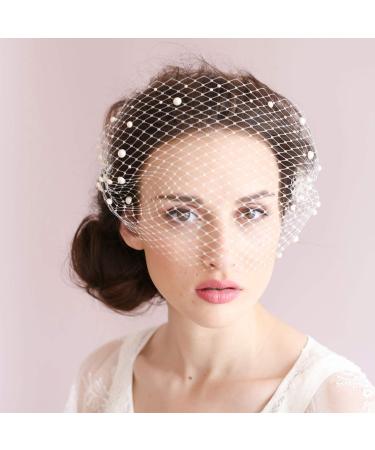 Beryuan ladies fascinator with bird cage face veil pearls bridal jewelry hair comb party headgear costume headgear formal dress (white)