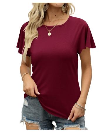 Womens Business Casual Tops Summer Round Neck T Shirt Ruffle Short Sleeve Tank Top Tunic Blouses for Women B-dark Red Large