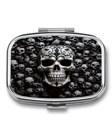 Pill Box Black and White Skulls Print 2 Compartment Medicine Pill Case Pill Organizer Decorative Metal Portable Pill Box for Pocket Or Purse Style