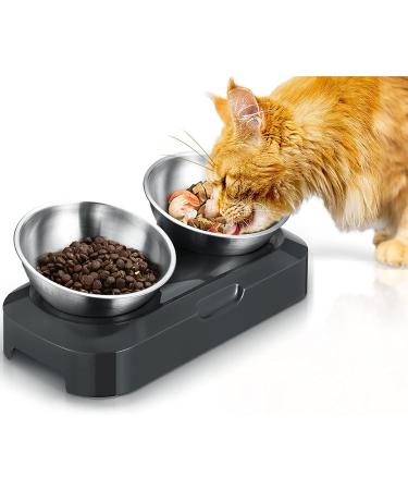 PewinGo Cat Bowl with Stainless Steel, Non-Slip Silicone Mat Cat Feeder with 0 &15 Tilting Neck Protective Bowl for Pets, Cats Food and Water Feeding