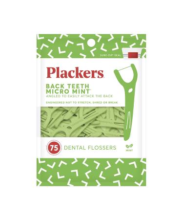 Plackers Back Teeth Micro Mint Dental Flossers, Delicious Mint Flavor, Provides Easy Access for Back Teeth, Built-in Protected Pick, Easy Storage, 75 Count (Pack of 1)