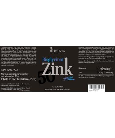 Biomenta Zinc 50 - 365 High-Dosed Zinc Tablets (50mg) - Vegan Zinc Glycinate - Premium Quality Divisible - Buy Online on GoSupps.com