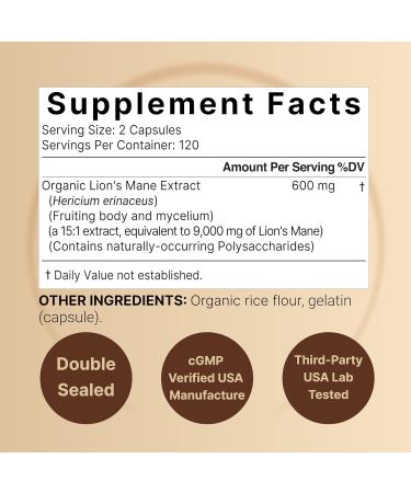 Lions Mane Mushroom Supplement Capsules 9,000mg 240 Capsules | 120 Days Supply Made with Organic Lion s Mane Powder Extract Cognitive Brain Nootropic & Immune Health Support Non-GMO - Buy Online on GoSupps.com