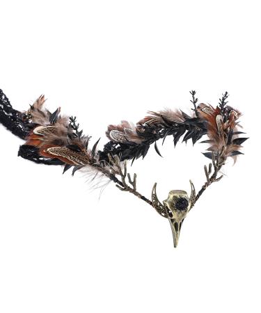 MOSTORY Handmade Brown Feather Crown - Gothic Flower Headpiece Elf Moon Cirlet with Crow Skull Dark Woodland Headband for Women Witch Renaissance Halloween Cosplay Goth Wedding