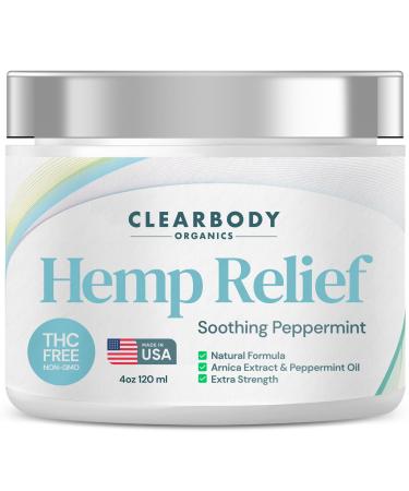 Clearbody Organics - USA Made Hemp Cream Maximum Strength 4 oz - Soothe Discomfort in Back Muscles Joints Neck Shoulder Knee Nerves - Natural Peppermint and Soothing Arnica Extract 4 Ounce