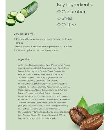 Cucumber Herbal Eye Gel - Anti-Aging Vegan Skincare for Puffy Eyes, Dark Circles, and Wrinkles - Hyaluronic Acid, Avocado Oil, Coffee - Buy Online on GoSupps.com