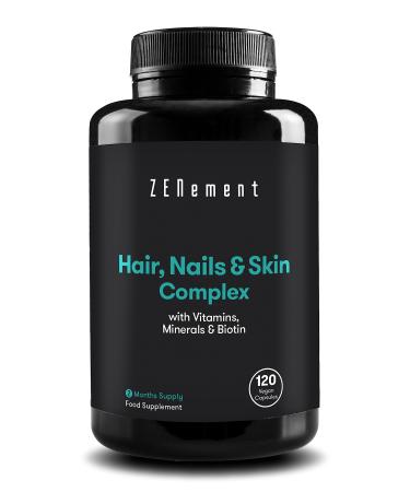 Hair Nails & Skin Complex with Vitamins Minerals & Biotin 120 Capsules | for Hair Loss and weak Skin and Nails | Vegan Non-GMO Additive Free | Zenement 120 Unidad (Paquete de 1)