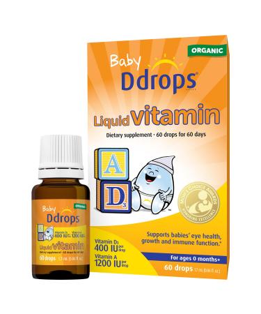 Ddrops Baby Organic Liquid Vitamins A&D Drops for Infants 60 Drops. Supports Babies Eye Health Bone Development and Immune Function. Certified Organic Non-GMOs Allergy-Friendly 0.06 Fl Oz (Pack of 1)