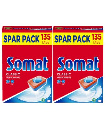Somat Classic dishwasher tabs 270 (2x 135) tabs savings pack dishwashing dish tabs for daily cleaning of cutlery and dishes with extra power and protection against glass corrosion 135 pieces (2 pack)