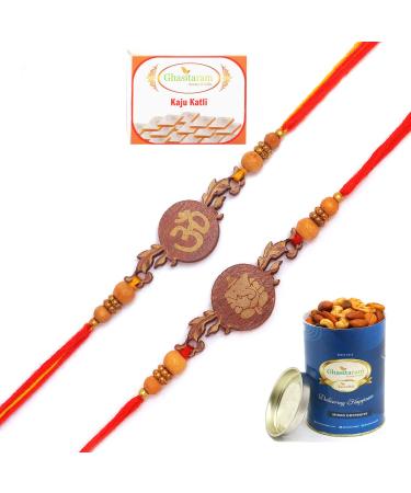 Ghasitaram Gifts Rakhi for Brother Rakhis Online - Set of 2 BW-5410 and BW-5414 Om Ganesh Divine Rakhis with 100 GMS of Dryfruits Mix Can 200 GMS of Kaju katli