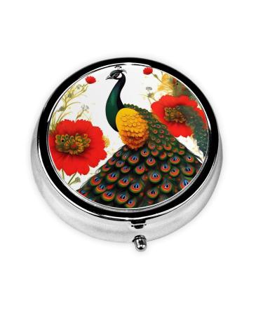 Peacock Red Flowerround Pill Box 3 Compartments Round Pill Box Organizer for Purse Or Pocket Portable Travel Pill Box