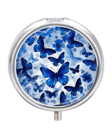 Round Pill Box Blue Butterflies Print 3 Compartment Medicine Pill Case Print Pill Organizer Decorative Metal Portable Pill Box Pocket Pill Box Style