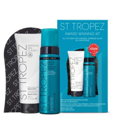 St.Tropez Self Tan Award Winning Kit Express Bronzing Mousse 200 ml Gradual Tan Firming Body Lotion 200 ml Applicator Mitt Vegan Fake Tan & Skincare