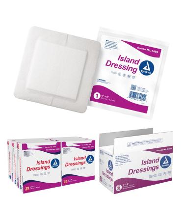 Dynarex Island Dressings Sterile Wound or Blister Dressing Individually Packaged Highly Absorbent Bandage Dressing Adhesive Border White 6 x 6 - 6 Boxes of 25 Dressings