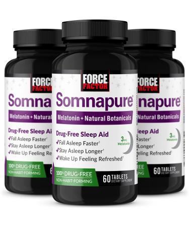 Force Factor Somnapure 3-Pack, Drug-Free Sleep Aid for Adults for Occasional Sleeplessness with Melatonin & Valerian, Non-Habit-Forming Sleeping Pills, Fall Asleep Faster, 180 Tablets