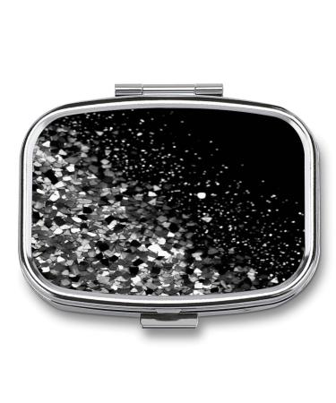 Pill Box Black White Glitter Print 2 Compartment Medicine Pill Case Pill Organizer Decorative Metal Portable Pill Box for Pocket Or Purse