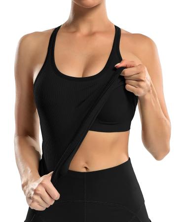 ATTRACO Ribbed Tank Top with Built-In Bra | Racerback Scoop Neck Athletic Top - Black - Large - Buy Online on GoSupps.com