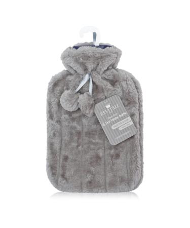 Revitale Luxury Cosy Faux Fur Pom Pom Hot Water Bottle - 2 Litre (Slate Grey)