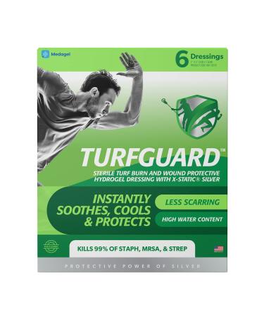 TURFGUARD Turf Burn and Wound Dressing Hydrogel Pads with X-Static Silver Soothing Cooling Protective Treatment for Grass Burns & Wounds 2 x 3 Sterile Dressings 6 Count