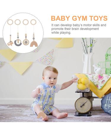 Woodsy Decor 4Pcs Hanging Baby Gym Wood Toys Set - Wooden Baby Play Gym Activity Pendant Rattles, Teething Soothers, Sensory Toys - Nursery Grey & Beige Theme - Buy Online on GoSupps.com