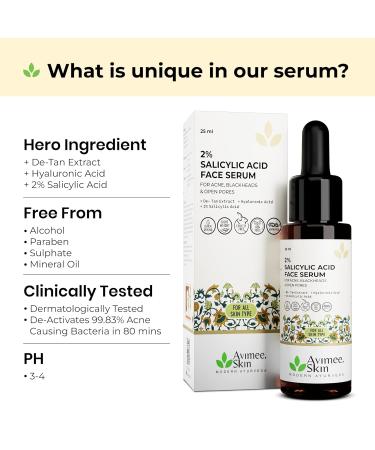 AVIMEE HERBAL 2% Salicylic Acid Face Serum For Acne Blackheads & Open Pores | Reduces Excess Oil & Bumpy Texture | For Acne Prone or Oily Skin | 25 ml (Pack of 1) - Buy Online on GoSupps.com