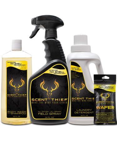 Scent Thief Trophy Pack 24oz Field Spray Laundry Detergent Hair & Body Wash and Scent Eliminating Wafer. Hunting Scent Elimination Odor Eliminator for Hunting