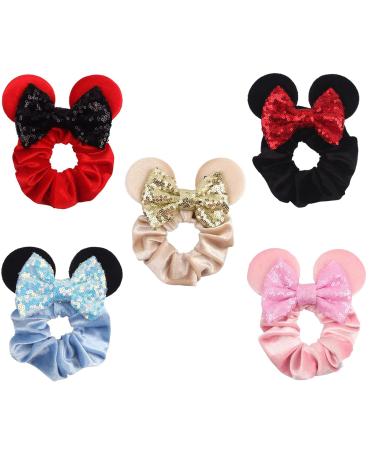 5 Pieces Mouse Ears Hair Bows  BetterJonny Sequin Velvet Scrunchies Elastic Hair Band Cute Hair Ties Ponytail Holder for Women Girls Adult Kids Christmas Party Decoration Multicolor red black gold pink blue