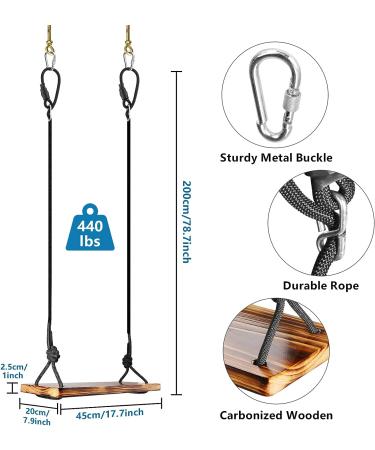 Carbonized Wooden Tree Swing Seat with Adjustable Rope - 440lbs Load Capacity for Adults & Kids - Indoor Outdoor Garden Backyard - 17.7x7.9x1.0 inch - Buy Online on GoSupps.com
