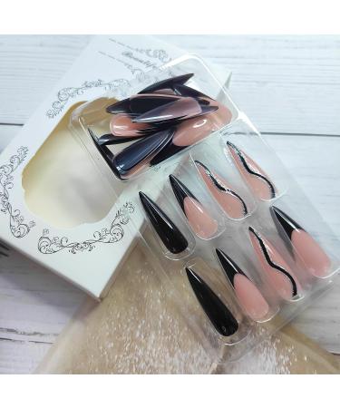 Luxury Black French Tip Press on Nails - Long Stiletto Coffin Fake Nails with Glitter Lines - 24pcs Full Cover Manicure for Women & Girls - Buy Online on GoSupps.com
