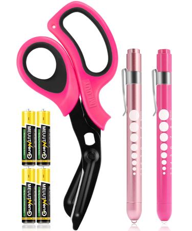 MEUUT 3 Pack Pen light & Medical Scissors-One Pantented Trauma Scissor Two LED Penlight with Pupil Gauge -8 Bandage Scissor for Nurse Doctor EMT Pink Scissor+pink&light Pink Penlight