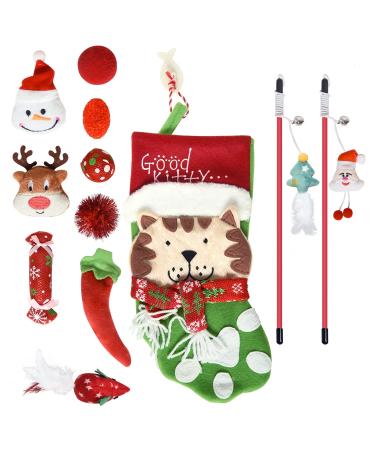 JETEHO Christmas Cat Stocking Toys,10 Pcs Cat Feather Mice Catnip Toys Set with Interactive Wand for Kitty Kitten Variety Pack, Christmas Hanging Stocking for Pet Cats