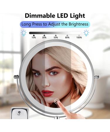 ALHAKIN Rechargeable Lighted 10x Magnifying Makeup Mirror with Dimmable LED Lights - Wall Mounted Double-Sided Extended Mirror for Bathroom Shaving Chrome - Buy Online on GoSupps.com