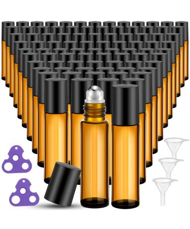 96 Pcs Essential Oil Roller Bottles 10ml Empty Glass Roller Bottles with Stainless Steel Roller Balls Protection Leakproof with 2 Bottle Opener and 3 Funnel for Travel Perfume Lip Gloss (Amber)