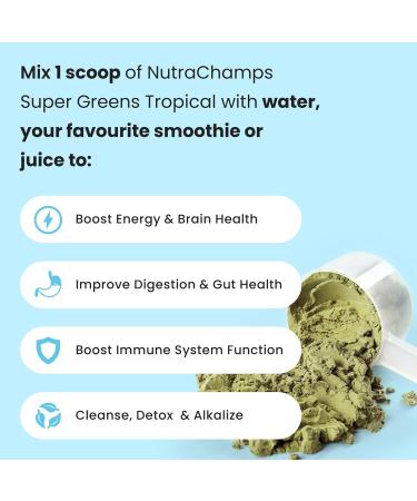 NutraChamps Super Greens Powder Premium Superfood | 20+ Organic Green Veggie Whole Foods | Wheat Grass Spirulina Chlorella | Antioxidant Digestive Enzyme & Probiotic Blends (9.1 OZ Tropical) 9.1 Ounce (Pack of 1) - Buy Online on GoSupps.com