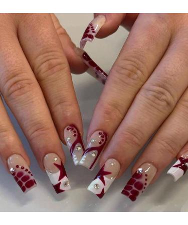 24pcs Star Rhinestone Coffin Fake Nail French Red Star 3D Press on Nails Valentine's Day Nails Luxurious Nails Acrylic Nails Fake Nails For Women Girls