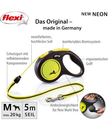 Flexi New NEON M Rope 5m for Dogs up to 20kg - Black/Neon Yellow | Premium Quality Leash for Safe Walking - Buy Online on GoSupps.com