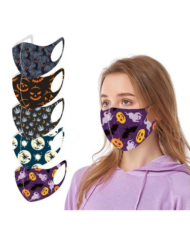 Yliquor 5pc Adult Halloween Mouth Mask for Protection Face and Nose Health Washable Earloop Mask Reusable Washable for Men Women Adults (5 PC L)