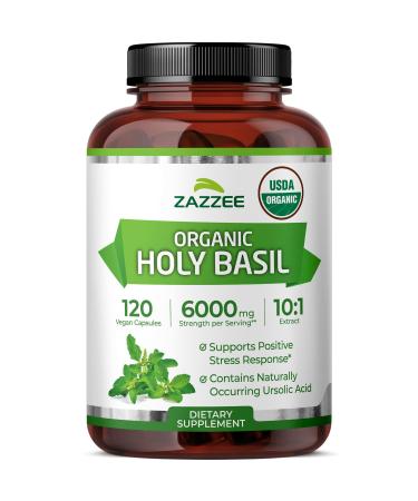 Zazzee USDA Organic Holy Basil 10:1 Extract 6000 mg Strength 120 Vegan Capsules Concentrated and Standardized 10X Tulsi Extract Ursolic Acid 100% Certified Organic Non-GMO
