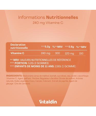 VITALDIN Gummies Vitamine C 240 mg par dose Enfants et adultes Renforce l immunit et r duit la fatigue V ganes sans sucre sans gluten Saveur orange 70 gummies - Buy Online on GoSupps.com