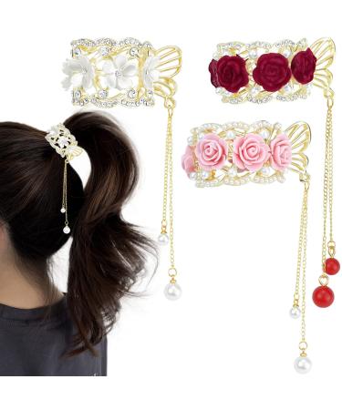 3 Pcs Rose Flower Tassel Ponytail Hair Clips Pearl Rhinestone Metal Hair Barrettes Vintage High Ponytail Hair Cuff Chinese Decorative Accessories for Bride Women Girls