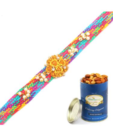 Ghasitaram Gifts Rakhi for Brother Rakhis Online - RM594 - Blue Thread Bracelet Rakhi with 100 GMS of Dryfruits Mix Can