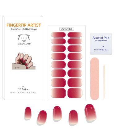 16PCS Semi Cured Gel Nails Gel Nail Stickers - Semi Cured Gel Nails Strips - Semi Cured Gel Nail Wraps - Glossy & Long Lasting Gel Nail Stickers Need UV Light(Light Red Gradient Style)