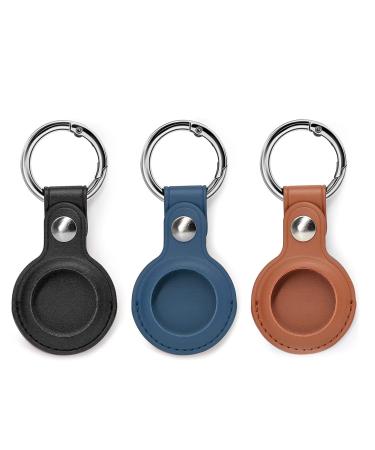 BRRAAVEES Air Tag Keychain for Apple Airtags Holder Anti-Lost PU Leather Case for Apple Airtags Protective Airtag Key Ring Compatible with Pet Tracking (3 Pack Black + Blue + Brown)