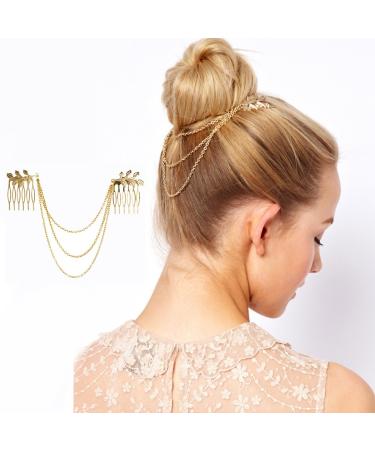 Jovono gold head chain leaf hair comb bohemian hair band headwear headband for women.