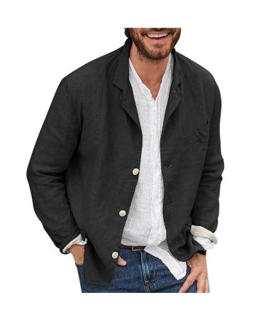 Men's Loose Fit Cotton Linen Cardigan Classic-fit Button-up Long Sleeves Fashion Shirts Jacket Black XX-Large