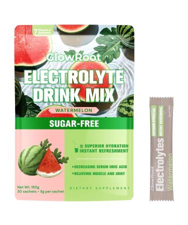 GlowRoot Daily Electrolyte Drink Watermelon Flavor 30 Stickpacks * 5g Hydration Packets with 7 Electrolytes & Minerals Sugar-Free Electrolyte Powder (Watermelon*30 Sticks)