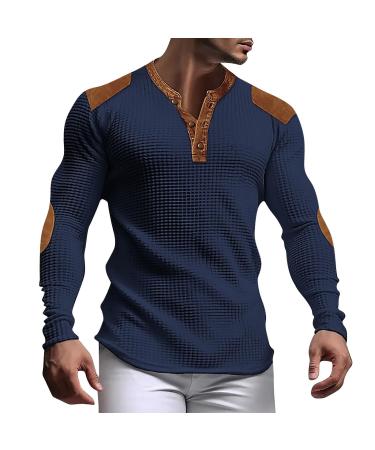 Long-sleeved men's V-neck single-color waffle henley shirt long arm polo shirt with button strip regular fit leisure shirt running shirt sport shirt men cowboy shirt dad tops xl marine