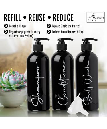 Alora Home Essentials Reusable Shampoo and Conditioner Bottles - Set of 3 Matte Black Permanent Stylish Labels 16oz Pump Bottle Dispenser Body Wash Plastic Refillable (MBBW16) Set of 3 (16oz) Black - Buy Online on GoSupps.com