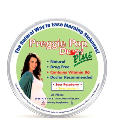 Preggie Pop Drops Plus | 21 Drops | Vitamin B6 for Morning Sickness & Nausea Relief during pregnancy | Safe for pregnant Mom & Baby | Gluten Free | Two Flavors: Lemon & Raspberry Preggie Pop Drops Plus 21 Count (Pack of