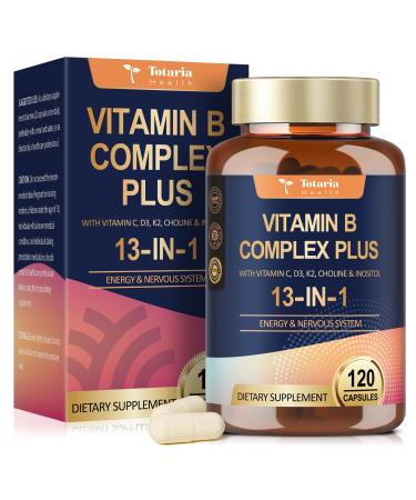 13-in-1 Vitamin B Complex Plus with Vitamin B1, B2, B3 (Niacinamide), B4, B5, B6, B7 (Biotin), B8 (Inositol), B9 (Folate), B12, C, D3, K2 - Energy, Nerve, Immune, Skin Support - 120 Vegan Capsules